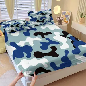 Modern Camo Fitted Sheet Set, 1 Fitted Sheet + 2 Pillowcases - 3 Pcs Ultra Soft Breathable Deep Pocket Bedding, Blue Black White Camo Bed Sheets for Teens Bedroom, All Season Use, Full Size