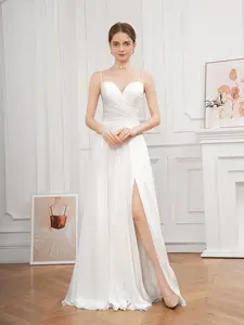 Heart Neckline Spaghetti Strap Chiffon Gathered Slit A-line Wedding Dress Womenswear Basic wedding dress wedding gown ballgown wedding dress