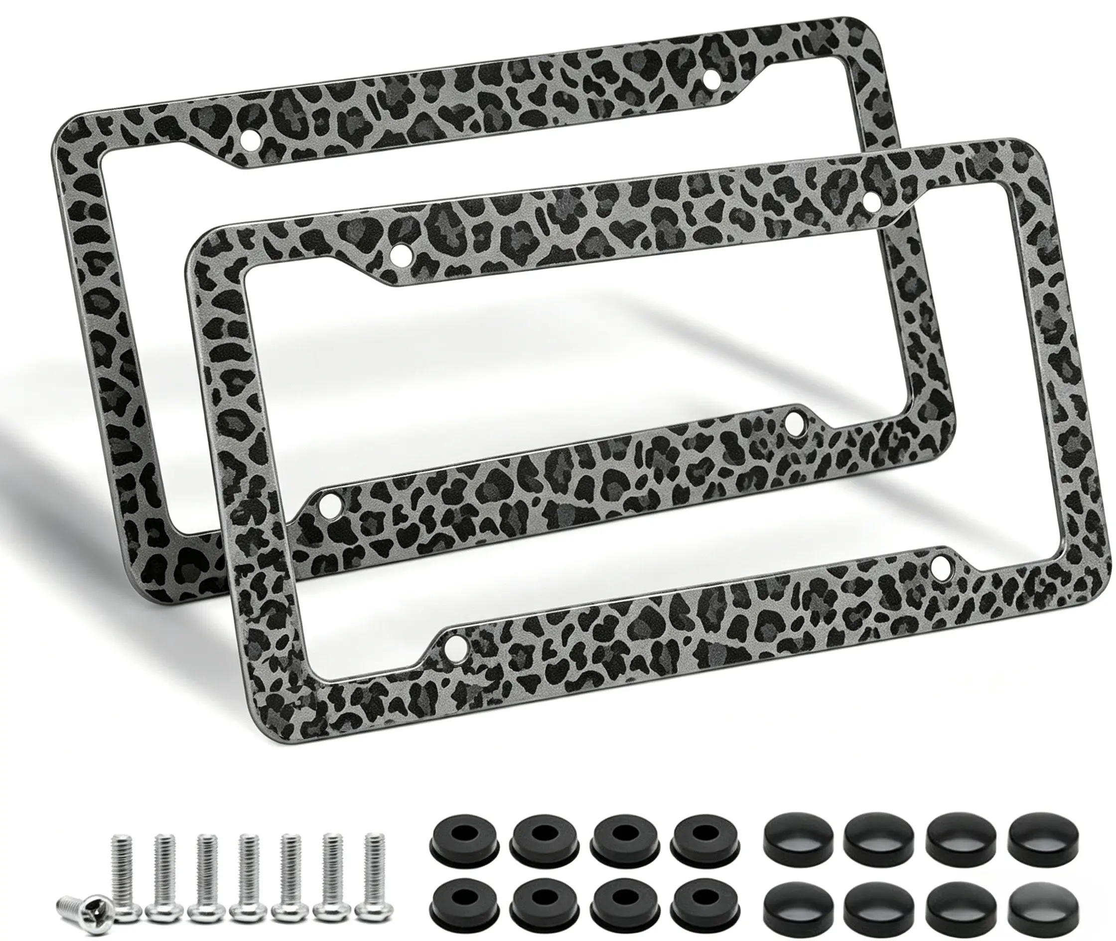 Leopard Print License Plate Frame 2 Pack, Aluminum Metal License Plate Holder with Screws & Covers, Waterproof Car Accessories for Women, Universal Car Tag Frame for Cars Trucks SUVs
