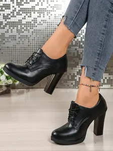 Women's High Heel Shoes, Vintage Thick Sole Oxford Heels, Casual Patchwork Design, Round Toe Medium Width, Spring & Fall Fashion, Office Shoes, Casual Business Shoes, Formal Shoes