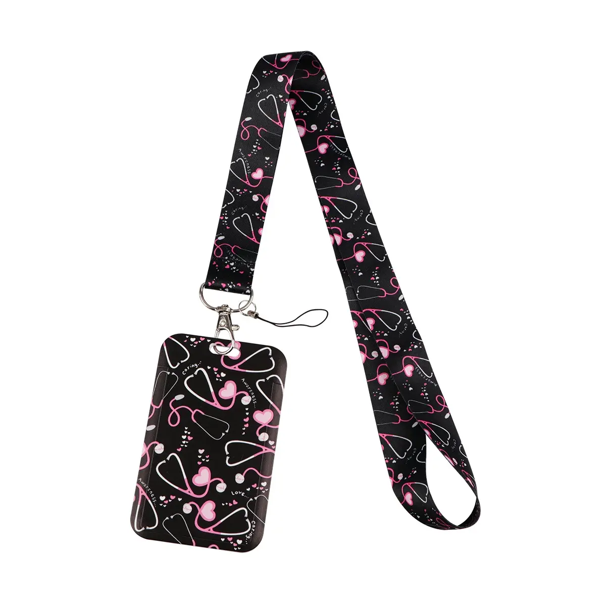 Cute Pink Heart-shaped Stethoscope Pattern Neck Strap Lanyards Heart Design Keychain Badge Holder ID Card Pass Hang Rope Lariat Lanyard for Key Rings Nurses Doctors Gifts Cute Keychain Accessory