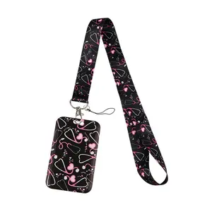 Cute Pink Heart-shaped Stethoscope Pattern Neck Strap Lanyards Heart Design Keychain Badge Holder ID Card Pass Hang Rope Lariat Lanyard for Key Rings Nurses Doctors Gifts