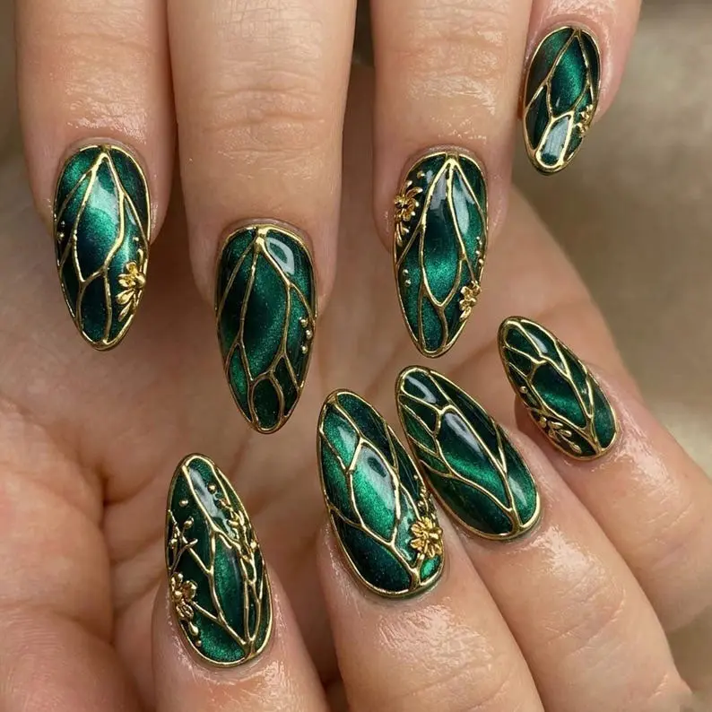 Emerald Green Cat Eye Press On Nails | Gold Leaf Line 3D Floral Dark Green Almond Nails, Luxury Stained Glass Nail Art