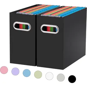 File Organizer, 2 Packs Small Storage Box, Cardboard File Folder Organizer, Collapsible File Box for Hanging File Folders Letter Size, Portable Filing Organizer with Handle (Black)