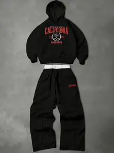 Men's two-piece tracksuit: a hooded sweatshirt and drawstring trousers with lettering and small graphic designs, perfect for fall and winter, Athletic Tracksuit Set, Sweatsuit Set Outfit