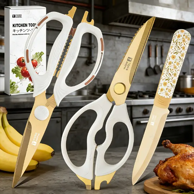 3pcs Scissors and peeler set,Multi-Functional Kitchen Shears Set,Heavy Duty Stainless Steel Blade Scissors With Soft Handle,Stylish For Everyday Use Convenient Cooking Utensils Tools&Gadgets For Real Daily Cooking,Professional Kitchen Use&BBQ,chicken bone