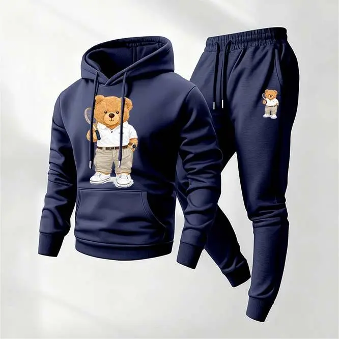 Men's Cute Bear 2-Piece Hip-Hop Sports Tracksuit - Long Sleeve Hooded Jacket & Trousers, Casual Athleisure for Fall & Winter Daily, Indoor & Outdoor Wear