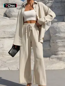 Two-Piece Set Women's Solid Button Front Shirt & Drawstring Waist Wide Leg Pants, Casual Drop Shoulder Long Sleeve Top & High Waist Trousers For Spring & Fall, Ladies Clothes For Daily Wear,Airport Outfit