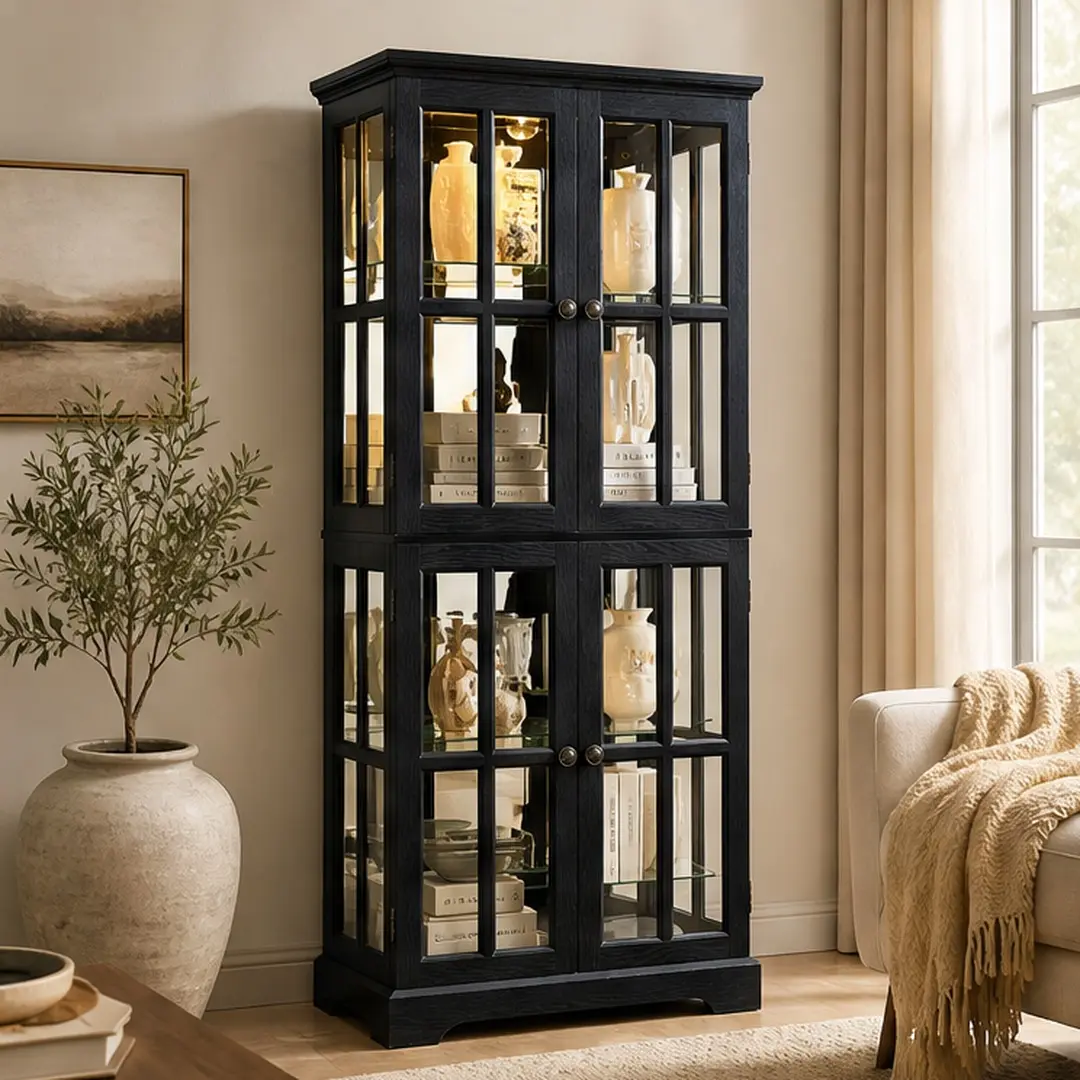ARCH Antique Glass-Fronted Glass Cabinet with Doors, Adjustable Shelves, E26 Bulb - MDF+Acrylic Vintage Curio Showcase for Collectibles, Home Office - 68.7in Tall, 98.33 lb, Black Indoor Furniture Cupboard, Glass-Fronted Glass Cabinets