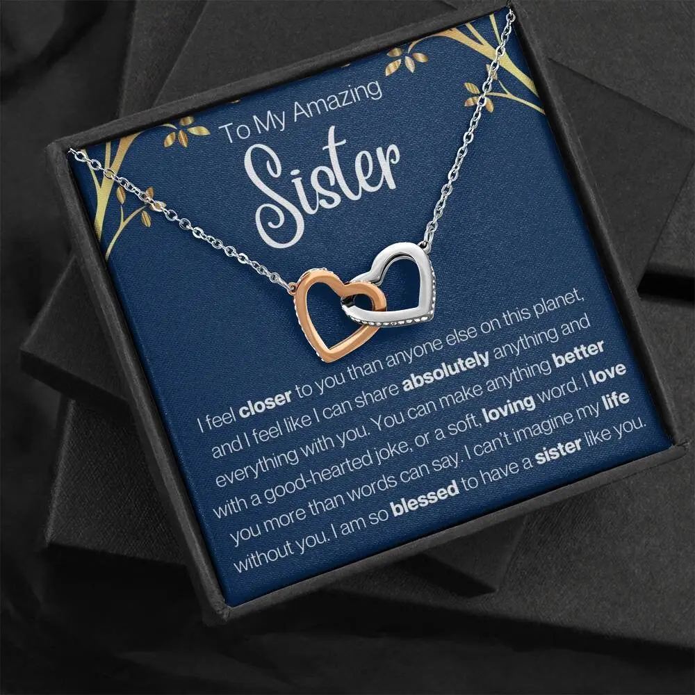To My Sister Interlocking Hearts Necklace, Sister Birthday Gift, Christmas Gift for Sister, Little Sister to Big Sister Necklace, Xmas Gift, Necklace With Meaningful Message Card Inside