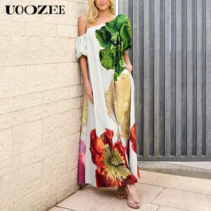 UOOZEE Women's A-line Loose Elasticity Flower Print One - Shoulder Maxi Dress, Comfortable and Soft Fabric, Beach Vacation Style Casual Maxi Dress with Single Side Pocket, Small Size One Size Up Recommended event  dress