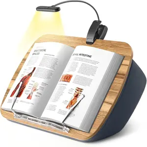 Book Pillow Stand with 6500K Reading Light, Hands Free Book Holder, Comfortable Lap Book Stand for Reading in Bed, Desk or Sofa, Wooden Book Rest for Book Lovers,AAA Battery Required