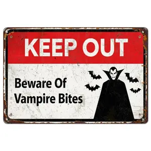 Aluminum Keep Out Beware of Vampire Bites Halloween Sign 8x12 Inch Vintage Metal Wall Decor Scary Dracula Warning for Party Door Yard