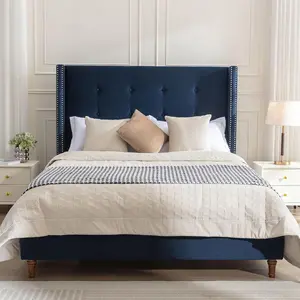 King Velvet Upholstered Platform Bed Frame with 54" Traditional Hand Buttoned Tufting Nailhead Trim Wingback Tall Headboard for Bedroom Strong Wood Slats Support No Box Spring Needed Blue