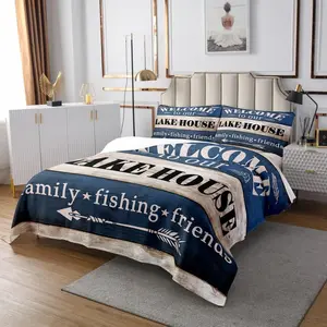 Queen Size 3 Piece Lake Life Theme Quilted Bedspread Set with 2 Pillow Shams, Vintage Navy Rustic Farmhouse Old Barn Coverlet Bedding for Kids Girls