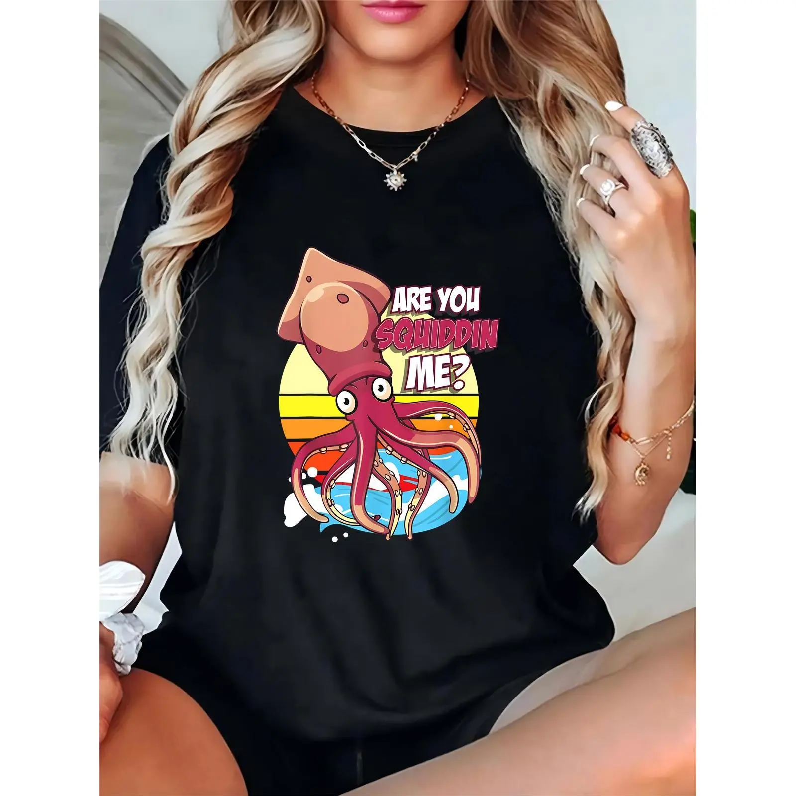 Women's Short Sleeve Crew Neck Black Squid Graphic T-Shirt - "Are You Squiddin Me?" Funny Pun, 100% Cotton, Lightweight, Breathable, Relaxed Fit, Summer Beach Casual Top, Funny Vibes, Skirts, Shortsleeve, Round Neck