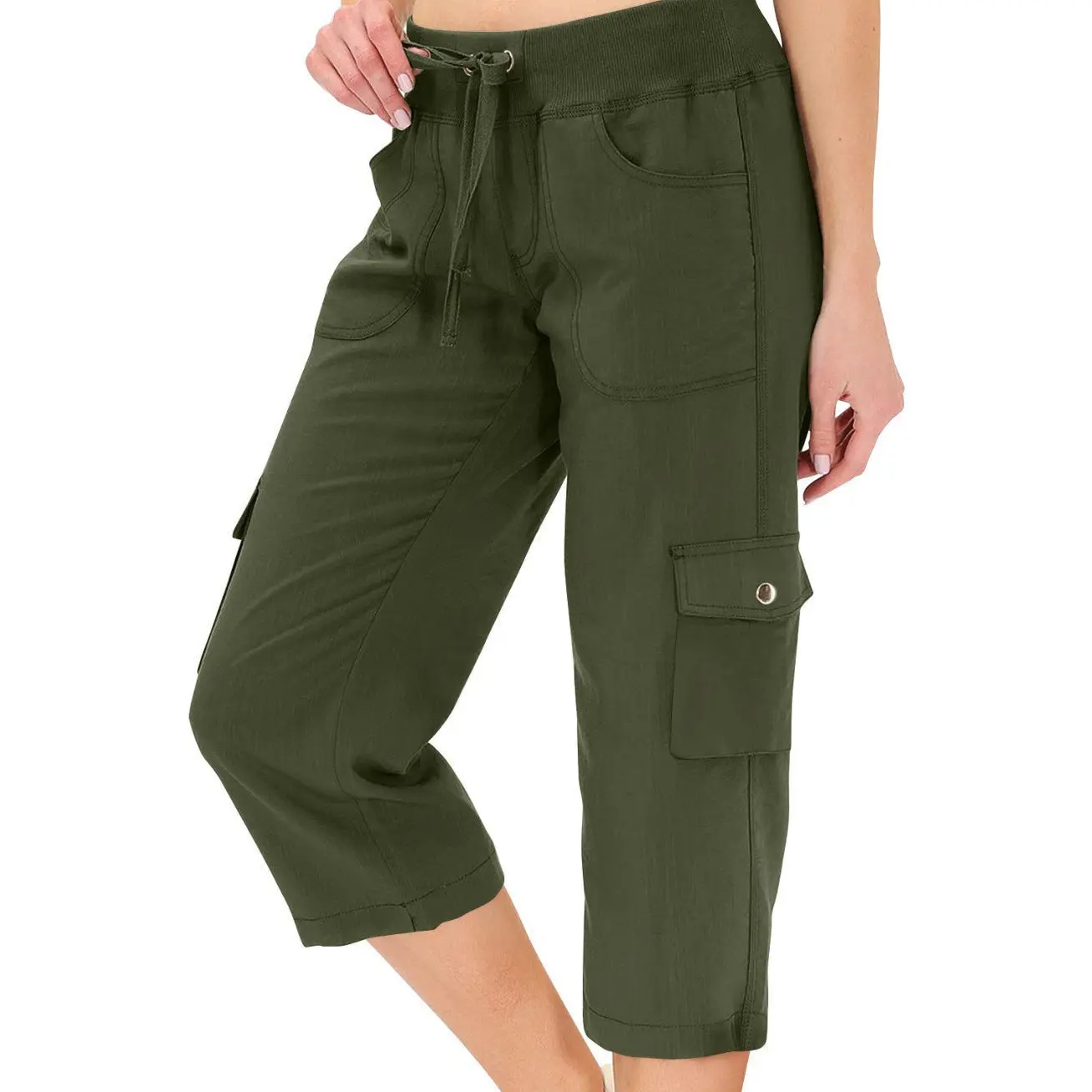 Solid Color Drawstring Fitness Running Cargo Pants With Pockets, Patchwork Design, Cropped Pants