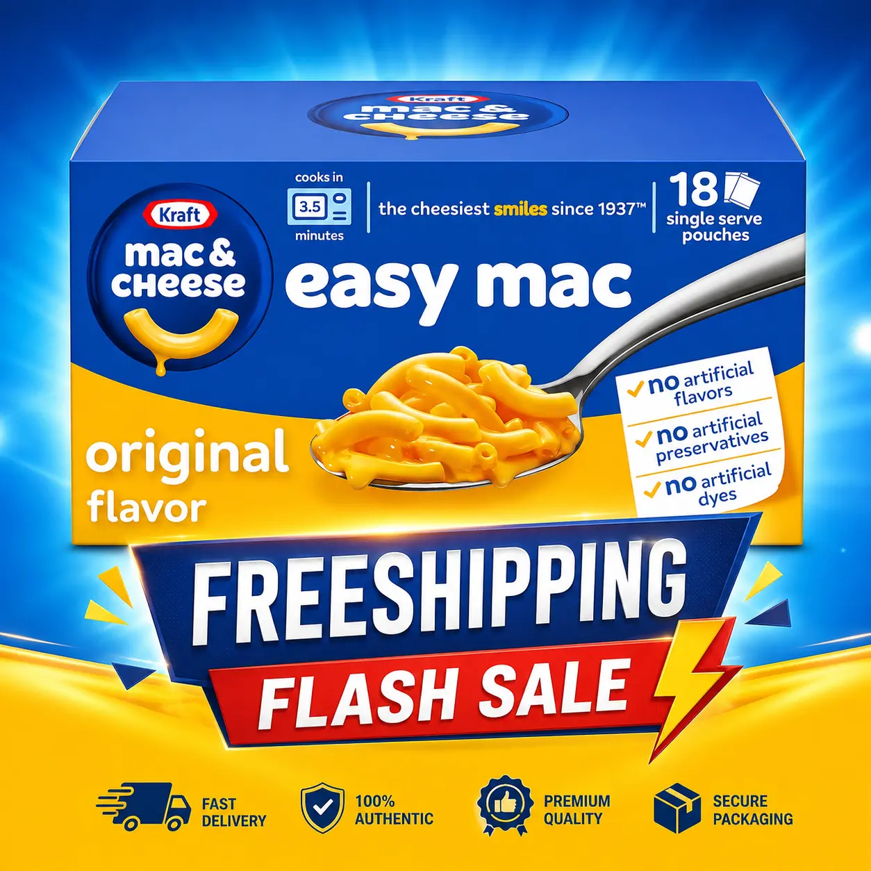 Kraft Easy Mac and Cheese, 18 Packets, for Easy Dinner or Dinner Sides, Original Flavor, No Artificial Flavors, Preservatives or Dyes, 38.7 oz