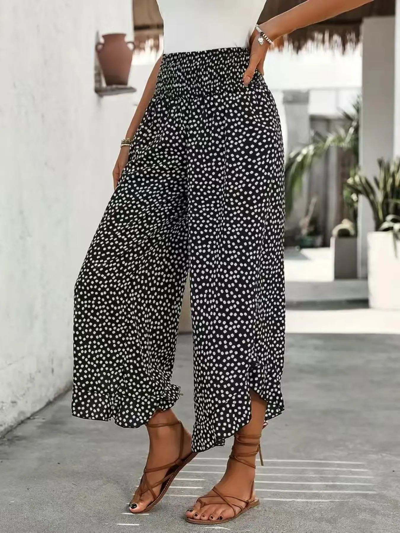 Women's Ditsy Floral Print Wide Leg High Waist Pants Bottom, Boho Casual Comfy Trousers for Summer, Women's Clothes for Daily Wear