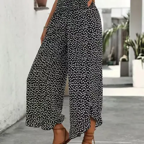 Women's Ditsy Floral Print Wide Leg High Waist Loose Baggy Pants Bottom, Boho Casual Lightweight Comfy Trousers for Summer, Casual Fashion Loose Women's Clothes for Daily Wear