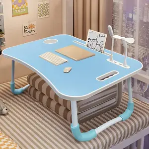 Multi-functional Ergonomic Folding Tray Table with Cup Holders Drawers and Lamp Blue Foam Sturdy Wood Construction Space-saving Design Great for Bed Sofa or Floor Reading Writing and Eating