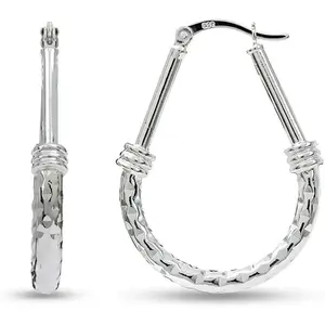Silver Hoop Earrings for Women | Italian Design Classic Diamond-Cut Textured Hoops Earring | Women's Oval Drop Shape Silver Earring Jewelry