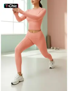 Women's Solid Crew Neck Long Sleeve T-Shirt & High Waist Skinny Pants Set, Comfortable Sportswear for Yoga Fitness Workout, Casual Workout Loungewear, Tight Sports