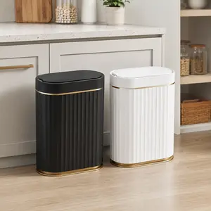 Bathroom Sensor Trash Can with Lid, Slim Automatic Garbage Bin with White Gold Design, Hands-Free Compact Wastebasket for Home, Office, Kitchen and Bedroom