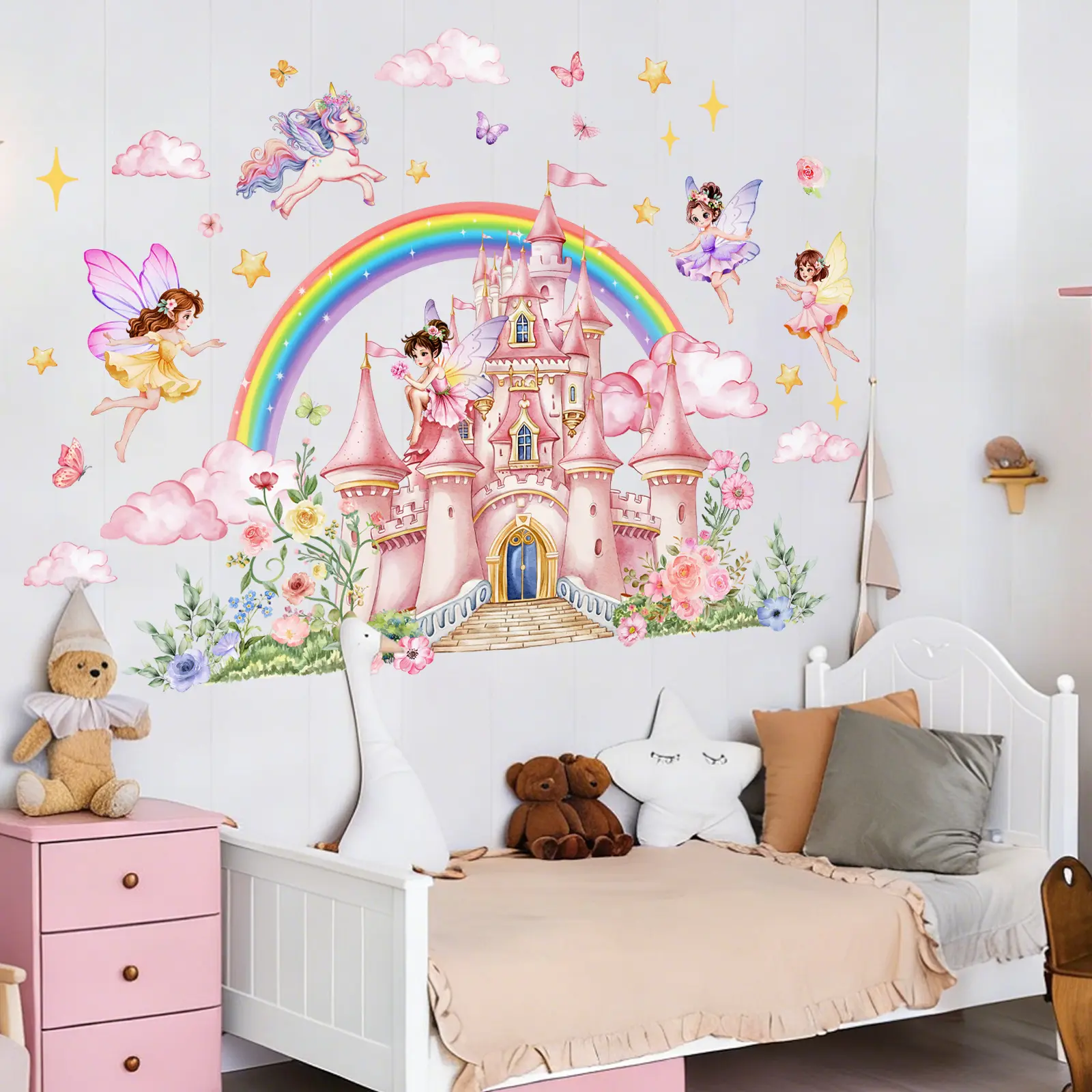 3Pcs/Set (3090cm3pcs) Dreamy Rainbow Castle Flower Fairy Wall Stickers, Wall Decor for Girls & Kids Room, Fairy Tale Theme Decals, Decorative Decal