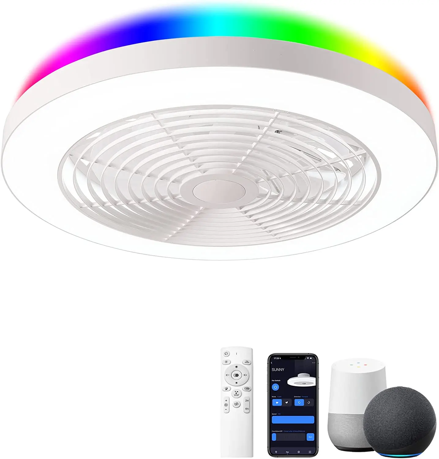 Orison 19.7 in Low Profile Flush Mount Bladeless Ceiling Fan with Dimmable Light, Smart Model, Modern Design, Voice Control (Alexa/Google Assistant/App), RGB Ambience Light for Indoor Living Room, Bedroom