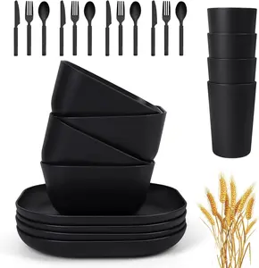 24 Piece Wheat Straw Square Dinnerware Sets for 4, Unbreakable Dinner Plates and Bowls Sets for Camping Party Grill (Black)