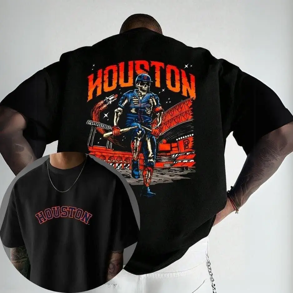 Houston Baseball Skull Graphic Tee, Vintage Retro Houston Sports T-Shirt for Fans, Cool Skeleton Streetwear Essential, Trending Game Day Gift Idea, Unisex Baseball Design