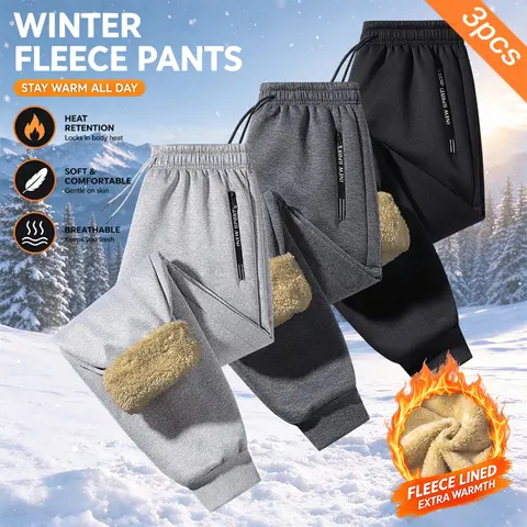 3 Pack Men's Winter Sherpa Lined Sweatpants, Heavyweight Thermal Fleece Joggers with Zipper Pockets, Elastic Drawstring Waist Warm Casual Tapered Pants for Outdoor & Lounge