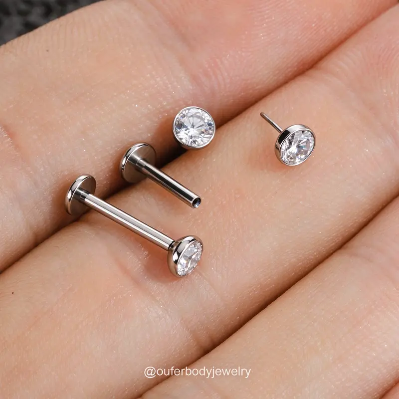 OUFER 16G Titanium Body Jewelry Studs, Coated Metal Flat Back Earrings for Women - Threadless Push Pin Bezel Cubic Zirconia Jewelry for Cartilage, Earlobe or Lip Piercings, Easy-Change Daily Accessory