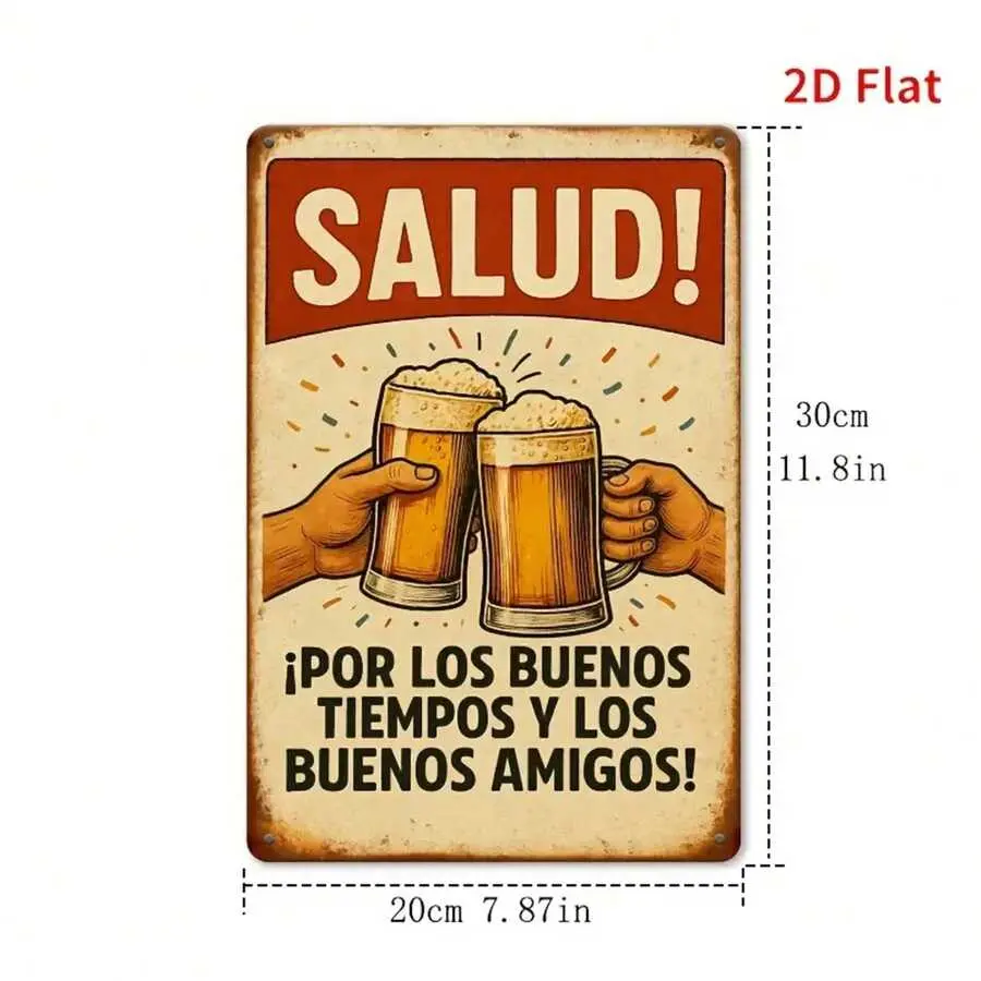8x12 Inch Aluminum Metal Tin Sign, Spanish Bar Wall Decor Plaque Printed Quote "SALUD!" With Beer Mug Pattern, Fun Ornament for Home, Bar, Cafe and Garage weatherproof rust-proof
