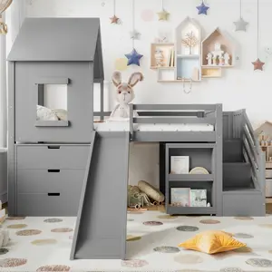 [Bellemave]Twin Loft Bed with Storage Cabinets and Removable Desk, Kids House Loft Bed with Slide and Stairs, Childlike and Multi-functional Design,Gray