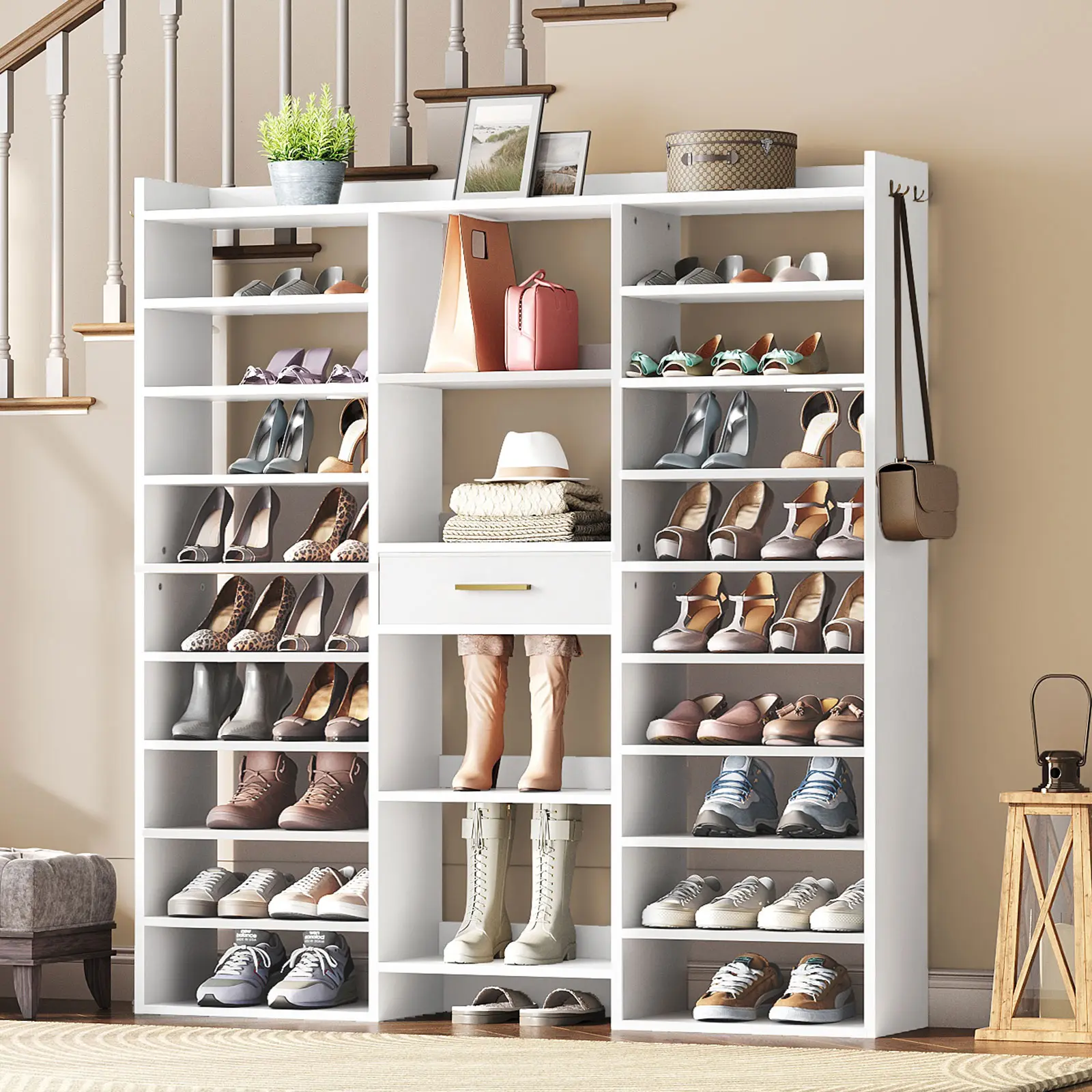 HOOBRO 61" Shoe Rack Large Wooden Organizer, 10 Tier Shoe Rack,  Aesthetic Tall Shoe Shelf with Cubbies and Fabric Drawer, for 25-33 Pairs of Shoes, Entryway Shoe Organizer, for Closet, White Storage Furniture Modern Design #SummerVibes
