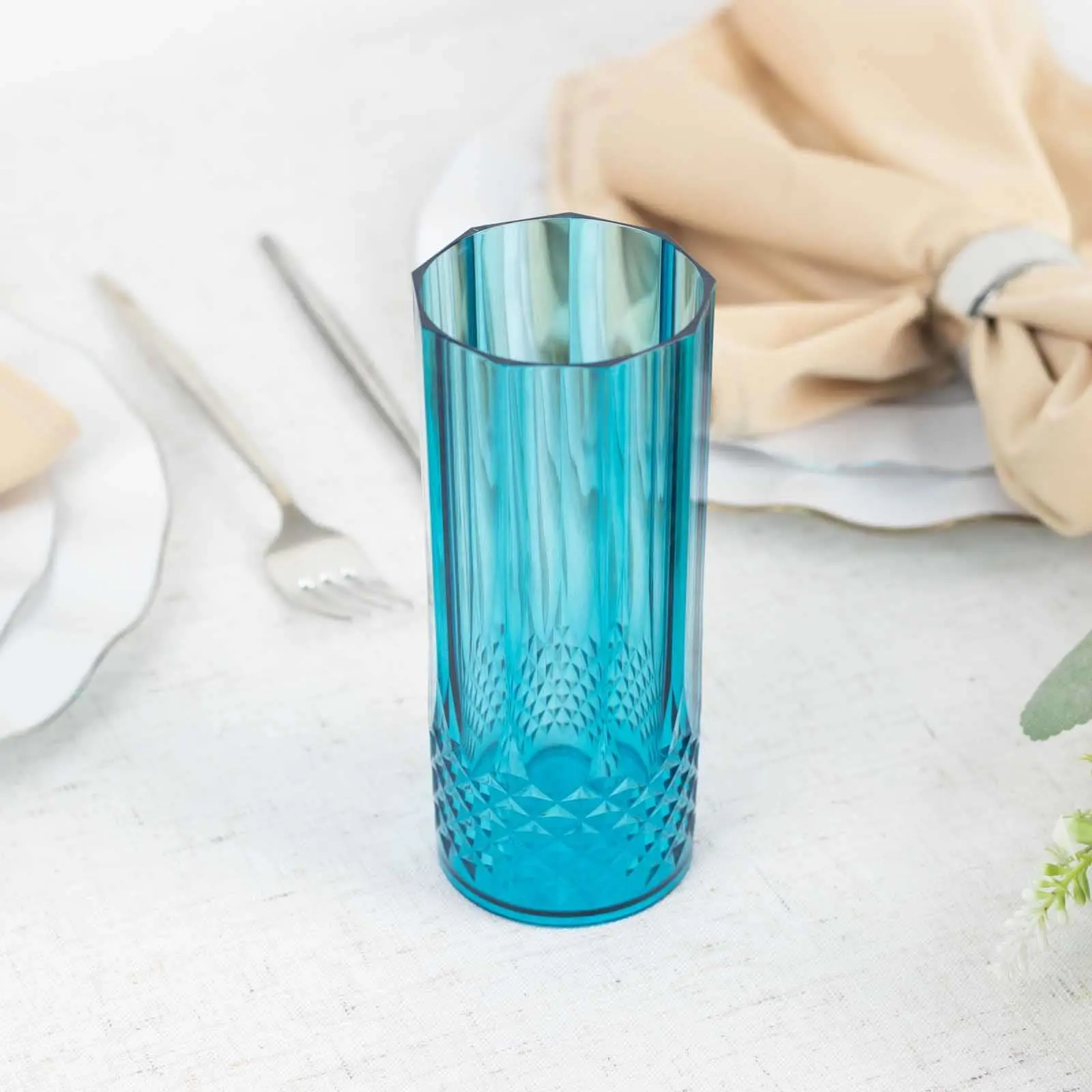6-Pack 14oz Shatterproof Ocean Blue Plastic Cocktail Glasses - Crystal Cut Transparent Highball Drinkware for Baby Showers, Birthdays, Dining, Cylindrical