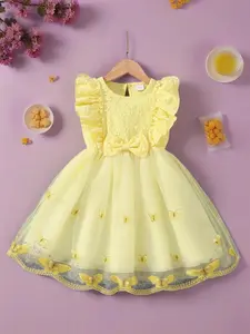 Girl's Butterfly Pattern Bow Decor Girly Dress, Cute Round Neck Dress for Summer, Kids Clothes for Daily Wear, Ruffled Sleeve Dress