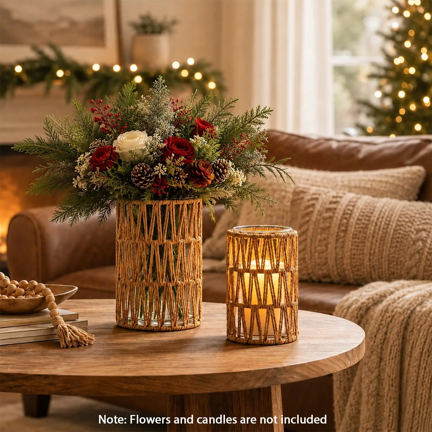 Nature 2-Piece Rattan Pillar Candle Holders Set - Natural Hurricane Glass Cylinders, Rustic Boho Countryside Home Decor, Candle Holders for Table Centerpiece, Coffee Tables Accents, Flower Vases
