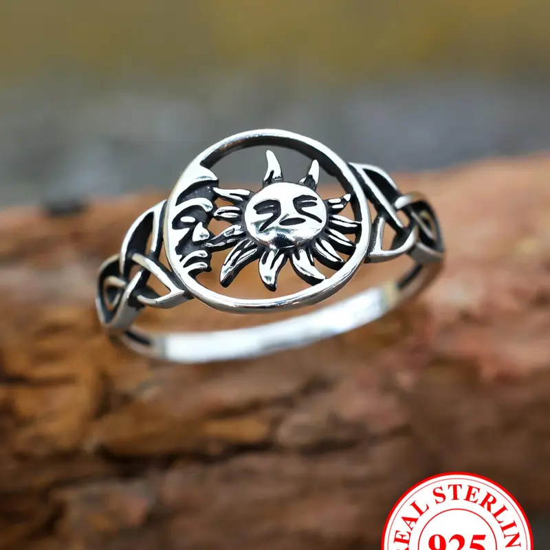 925 Sterling Silver Vintage Hollow Out Sun & Moon Design Cuff Ring, Statement Ring, Fashion Rings, Fashion Jewelry Accessories for Men & Women, Trendy All-match & Exquisite Jewelry for Birthday Gift