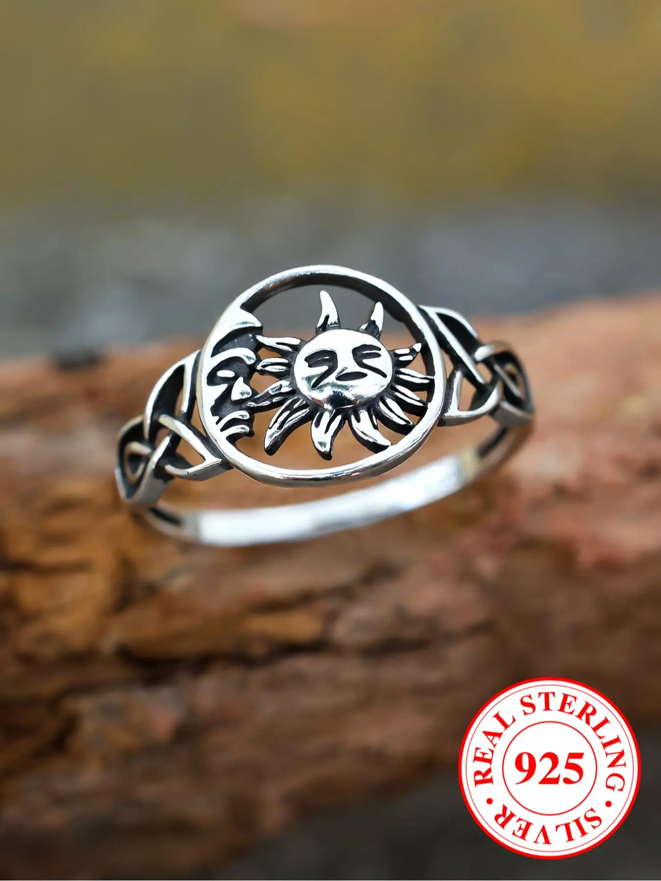 925 Sterling Silver Vintage Hollow Out Sun & Moon Design Cuff Ring, Fashion Jewelry Accessories for Men & Women, Trendy All-match & Exquisite Jewelry