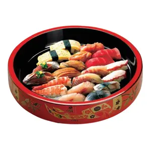 Red with Traditional Art Sushi Serving Tray - Round Sashimi Platter & Seafood Dish, Japanese Lacquered Plastic Tray for Weddings, Parties, BBQs, & Events with Ice Compartment