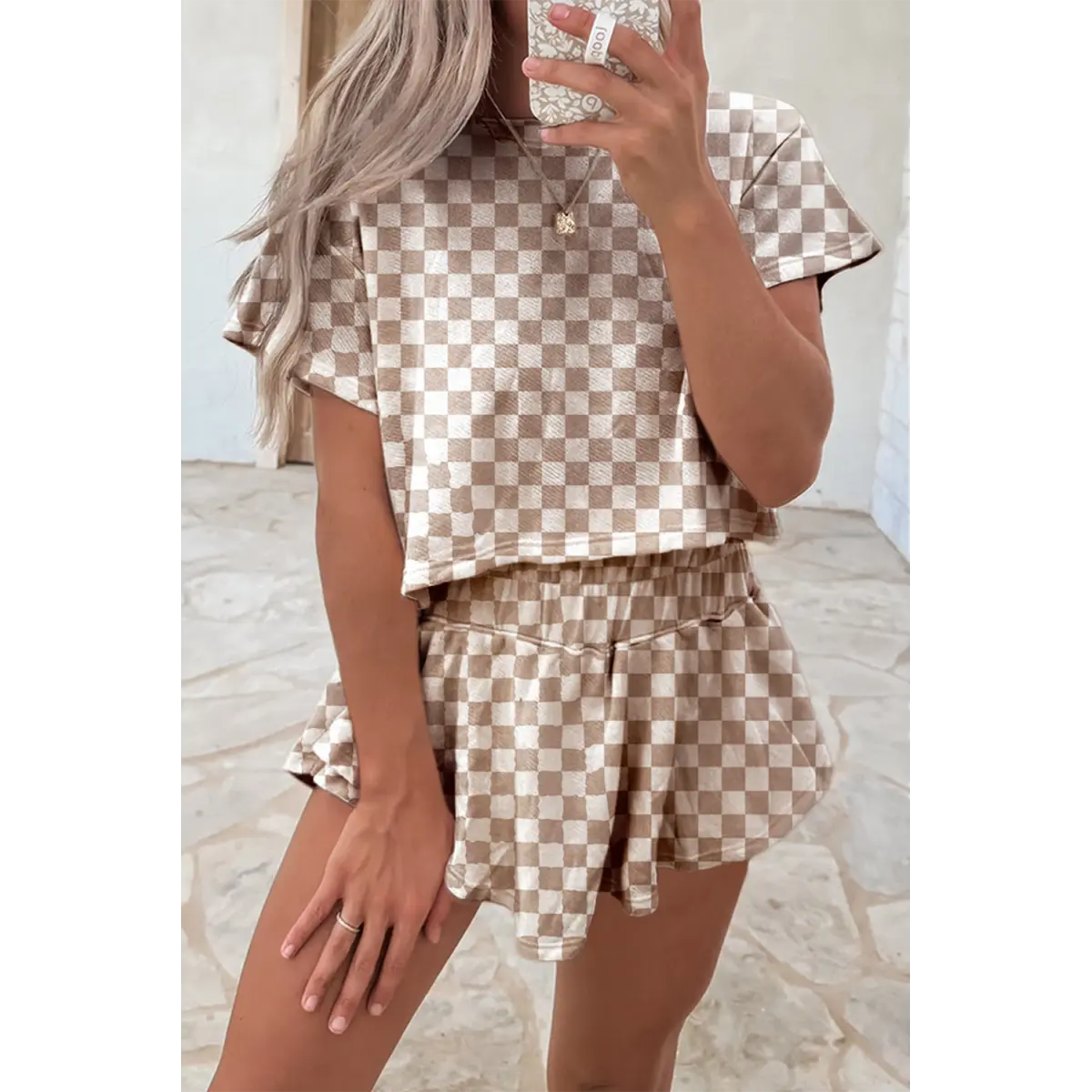 Brown Checkerboard T Shirt and High Waist Skorts 2 Piece Outfit