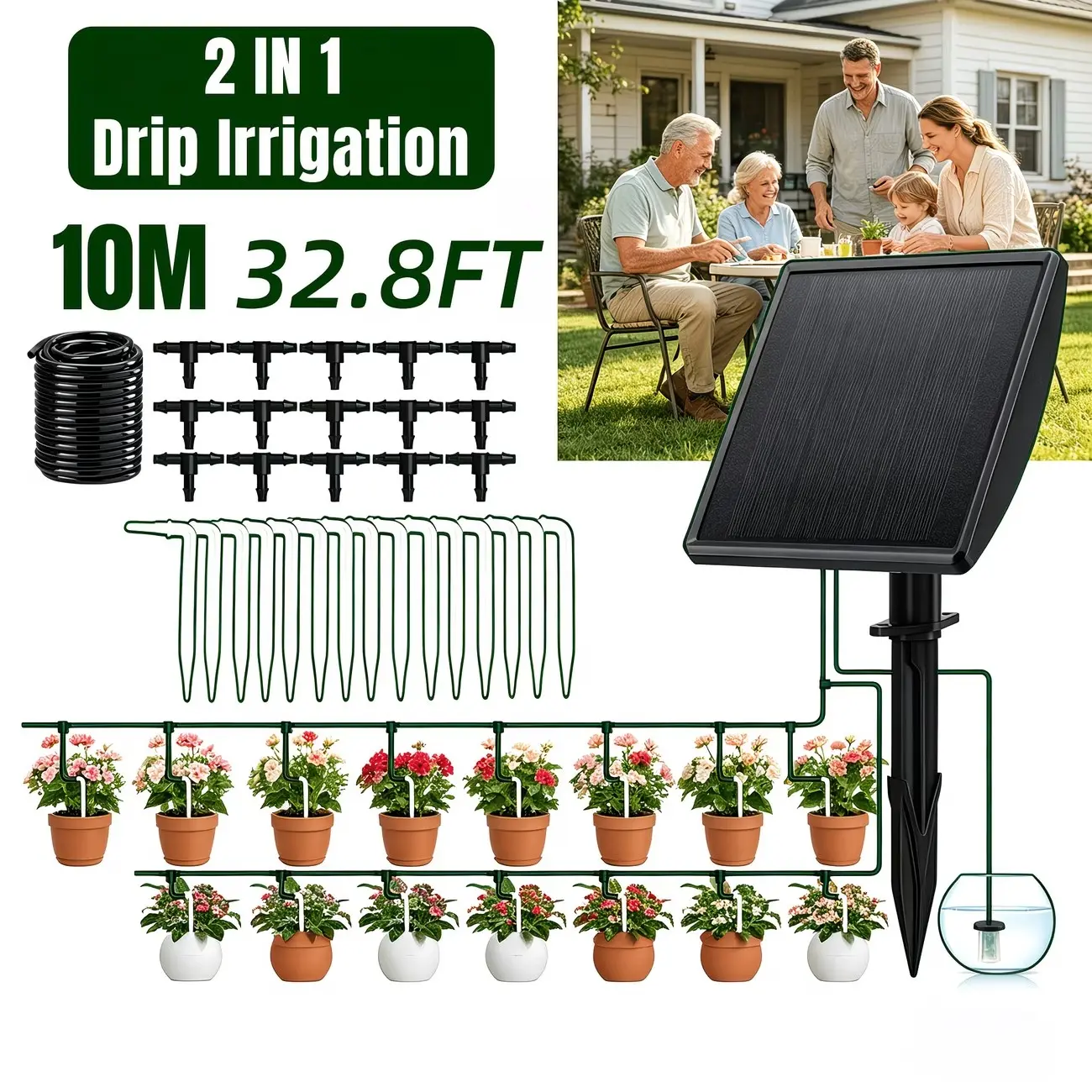 Solar-powered drip irrigation, designed for automatic watering of outdoor plants and lawns. Easy to install, ensures plants retain moisture, suitable for gardens, and a perfect gift for gardening enthusiasts and leisurely weekend gardeners.