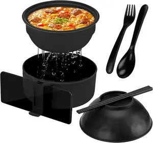 Ramen Bowl Set 33oz Wheat Fiber Instant Noodle Bowl with Strainer Lid Microwave Safe Complete Eating Set Chopsticks Spoon Fork for College Dorm Apartment Office Black