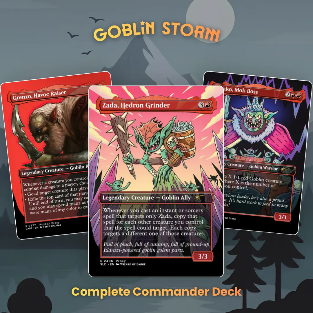 Proxy 100+ Card Commander Deck Goblin Storm Zada Hedron Grinder Goblin Token Swarm Spell Copying Aggro Strategy Ready to Play Fantasy Style Deck Perfect Gift for Goblin Fans Collectors and Card Players