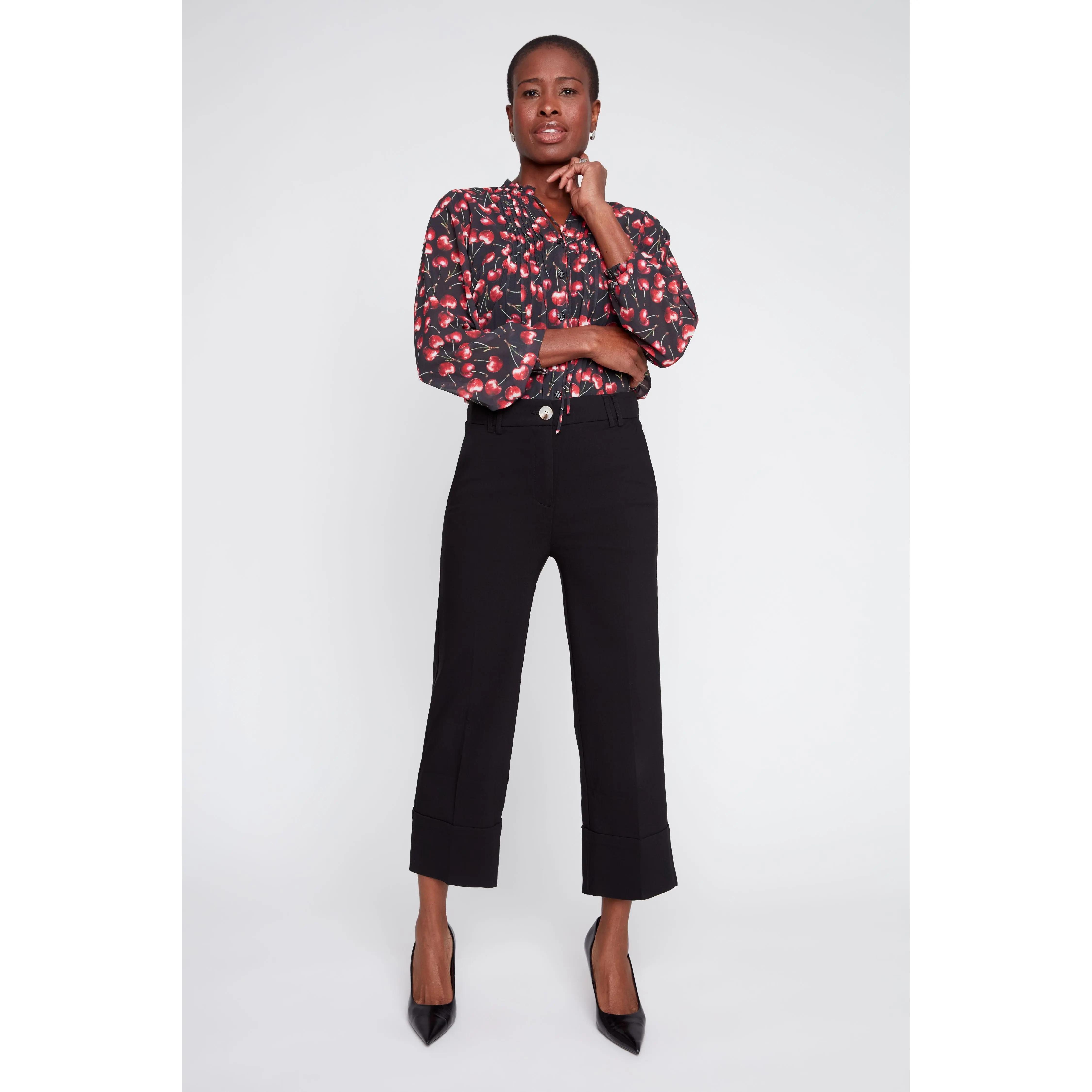 Cropped Straight Cuffed Pants - Black
