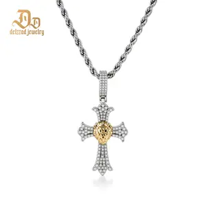 Delzzad 1ct Heart of Valor Pendant Lion Cross Charm Pendant Necklace Chain VVS Synthetic Moissanite Pendant Jewelry Copper Unisex Hip Hop Pendant Perfect Birthday Wedding Engagement Anniversary Christmas Valentine's Day Mother's Day Easter Gift