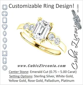 Cubic Zirconia Engagement Ring- The Yucsin (Customizable Emerald Cut Five-stone Design with Round Bezel Accents)